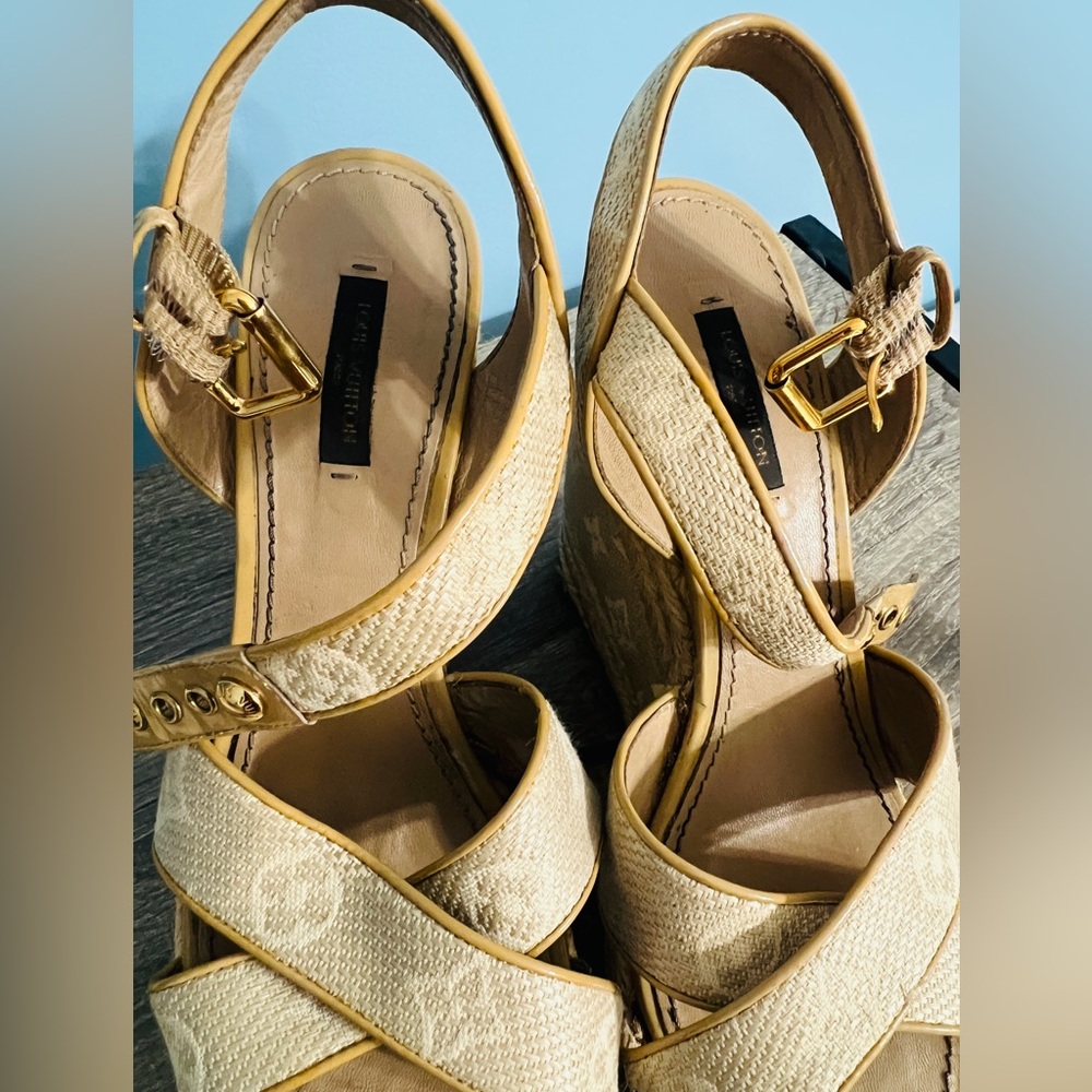 Louis Vuitton Beige Monogram Canvas Espadrille Wedge Sandals - Picture 6 of 16